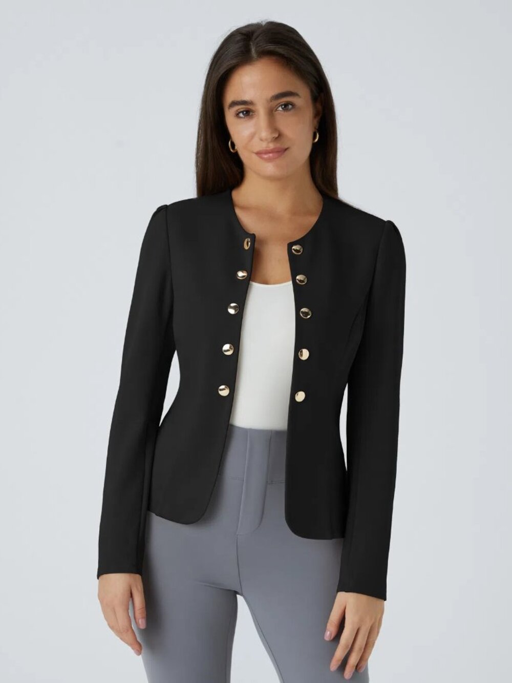 Halara XS Black Round Neck Long Sleeve Decorative Button Slim Work Blazer 50%off